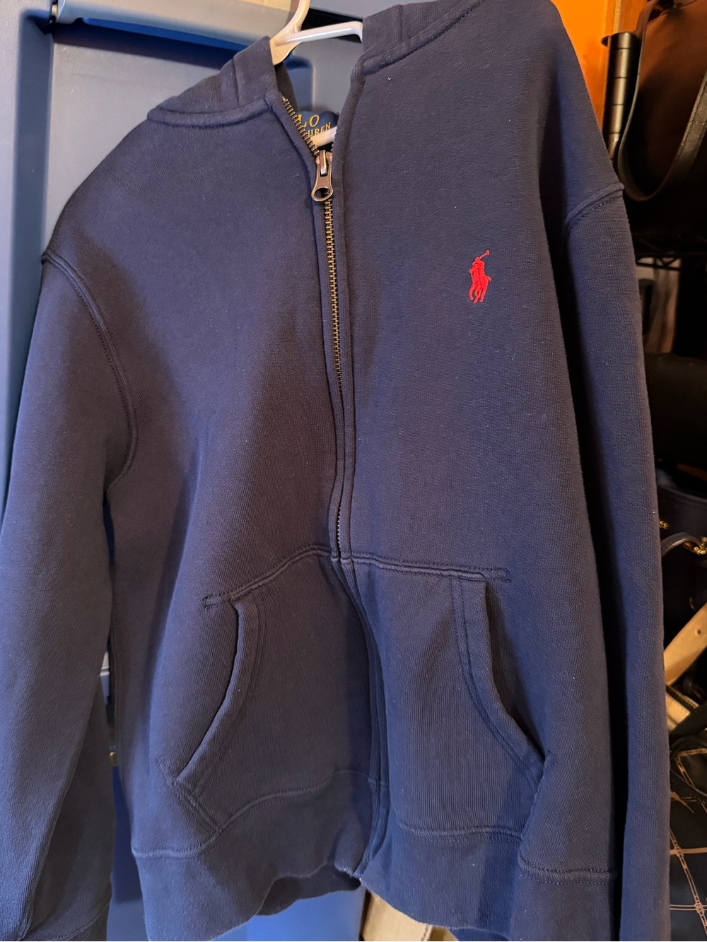 Ralph Lauren Navy Zip Hoodie with Red Pony. Size 10/12